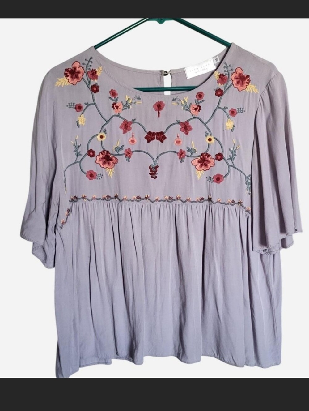 Sign Here purple floral embroidered blouse with red, pink, and yellow flowers,